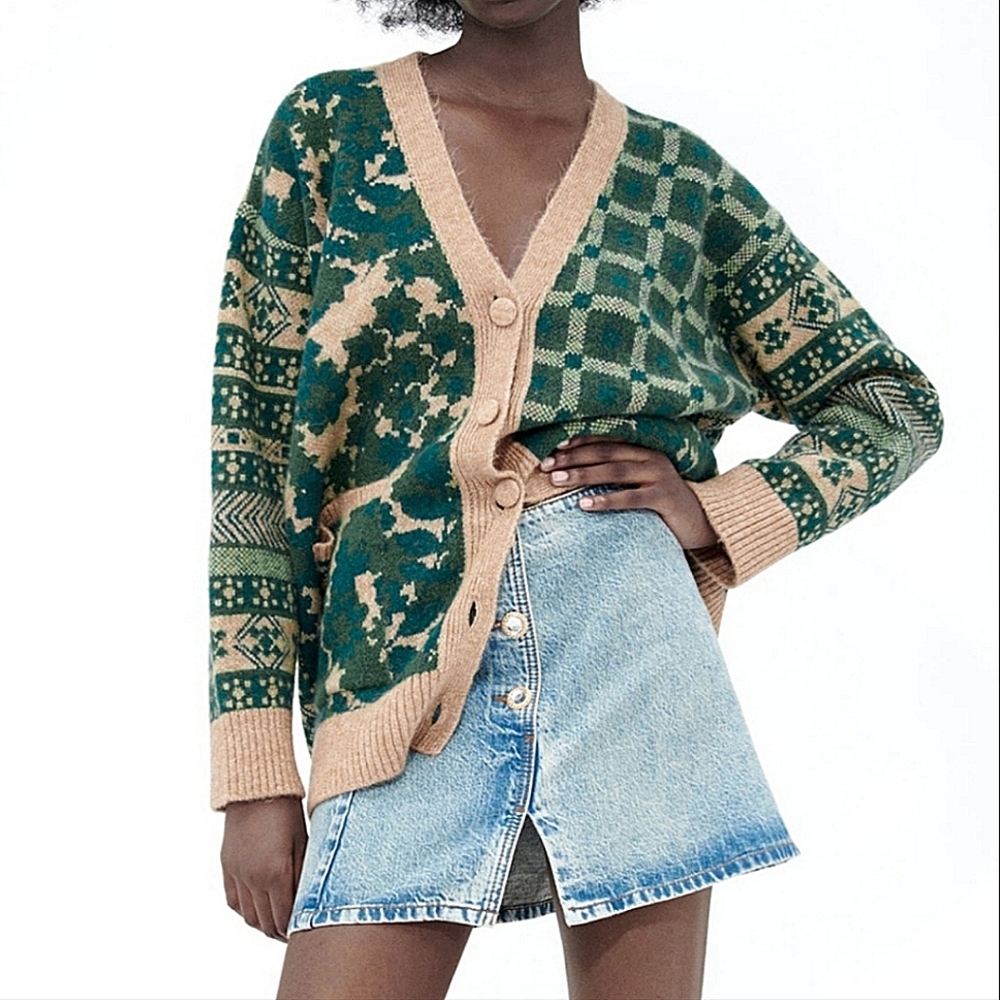 Zara | Jarquiard Knit Patterned Green and Tan Cardigan Sweater | Size Small